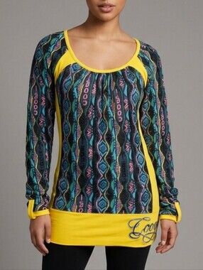 COOGI Women's Size Large Yellow Multi Geometric Print Long Sleeve Tunic Top